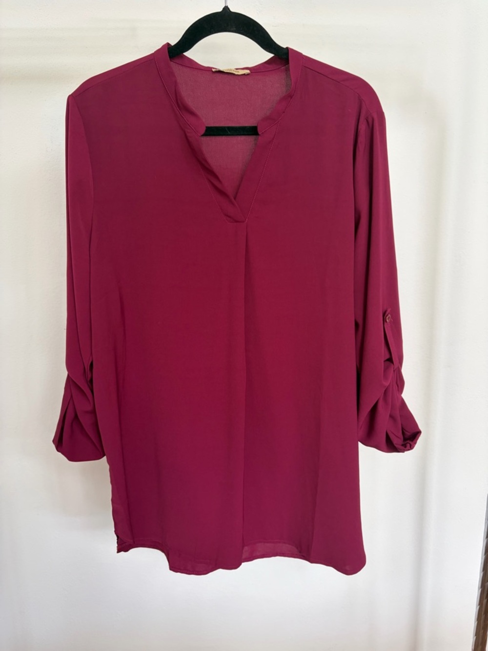 Relaxed V-Neck Roll-Sleeve Blouse in Berry